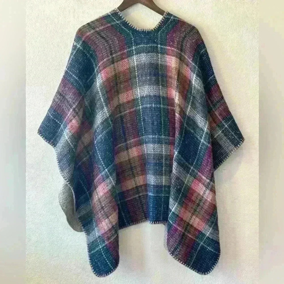 Plaid‎ Women’s Shawl One Size Tartan Plaid Poncho Open Front Winter Blanket Boho - Picture 2 of 9